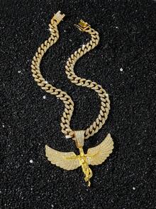 1pc Men's Full Rhinestone Cuban Chain Hip Hop Style Personalized Large Angel Wing Pendant Necklace - Angel Wings - View 4