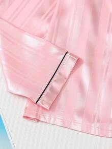 2pcs Satin Striped Pajama Set, Sweet & Cute Lapel Button Long Sleeve Top And Pants, Women's Sleepwear And Loungewear For Home Use - Pink - View 6
