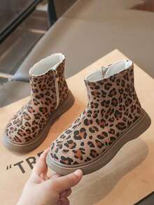 Leopard Print Kids' Boots, Thick Sole Casual Short Ankle Boots - Khaki - View 5