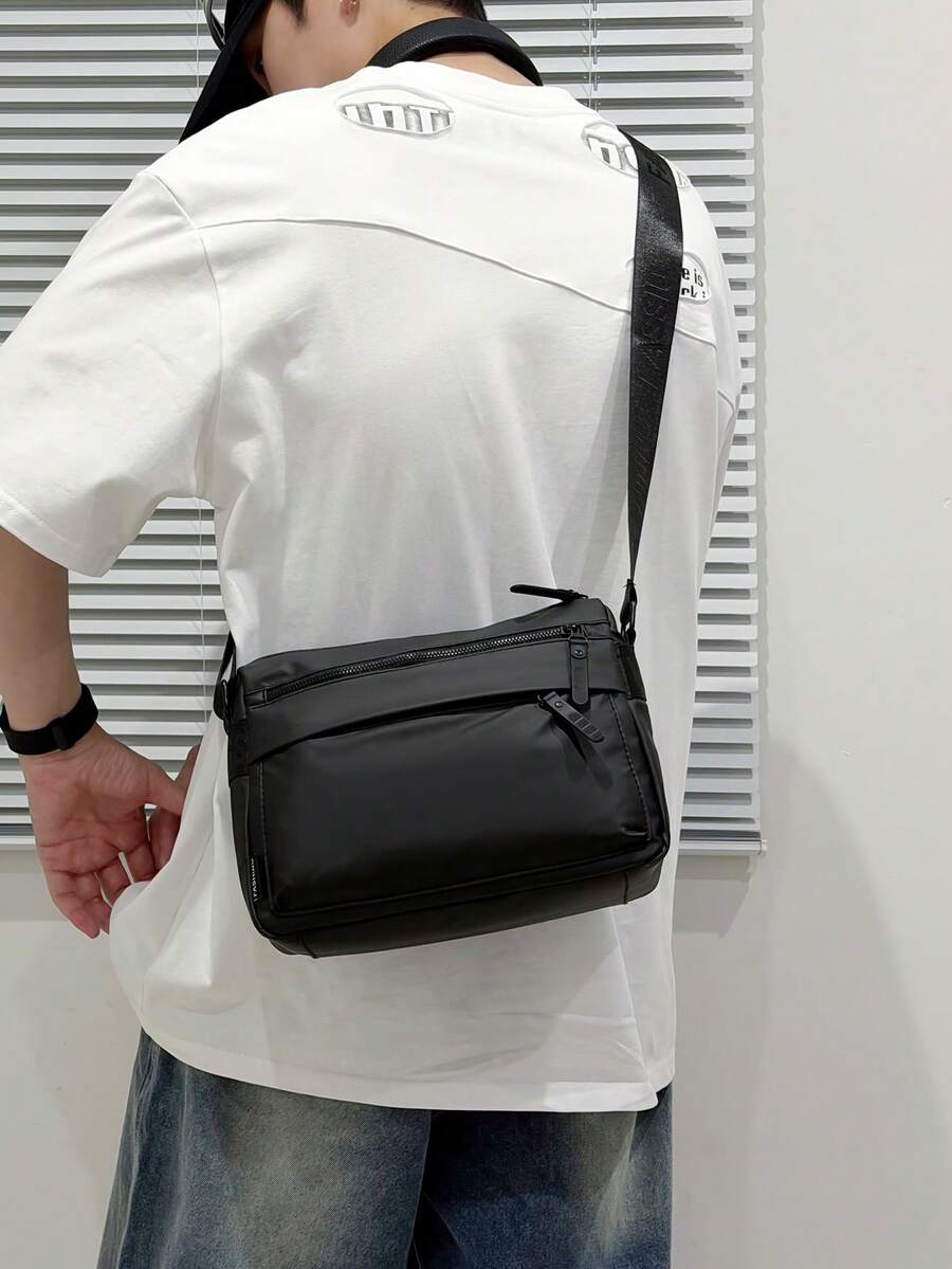 Men's Waterproof Nylon Crossbody Bag With Multiple Zippers, Layered Large Capacity Commuting Shoulder Bag, Lightweight Cycling Shoulder Bag - Black - View 1
