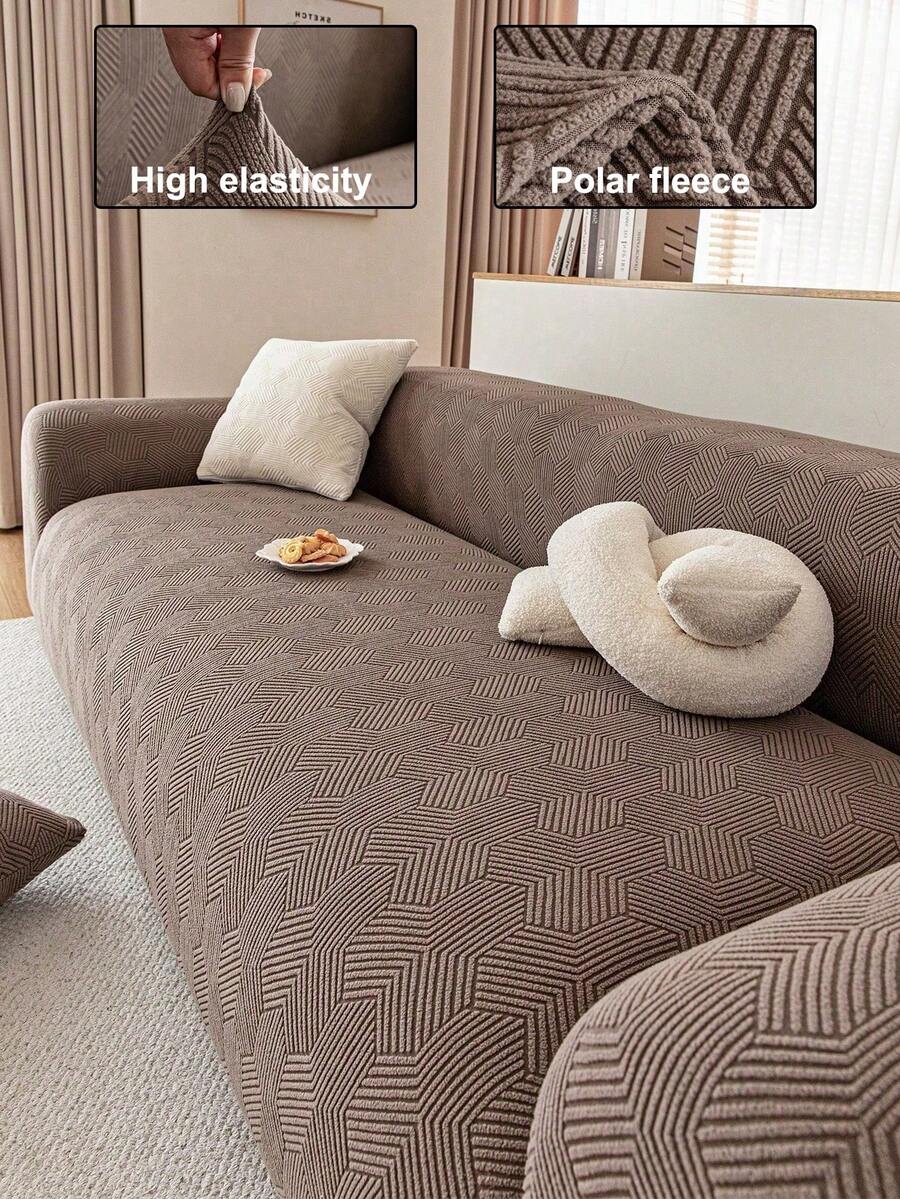 1 pieza Funda de sofá de material de felpa 3D para otoño/invierno, protector de sofá multifuncional de cobertura completa, diseño de patrón geométrico de unicolor, protección de sofá amigable con mascotas, decoración de vacaciones, funda de sofá de alta elasticidad de cobertura completa de una sola pieza, adecuada para 1/2/3/4 plazas - Caqui - Ver 1