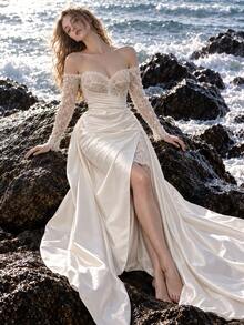 Elegant Off - Shoulder Train Gown Elegant Off Shoulder Tail Dress | Bridal Look/High End Banquet Adaptation - أبيض - مشاهدة 2
