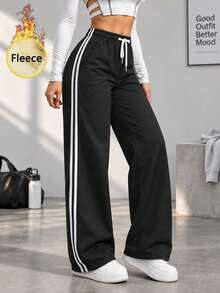 Women Thermal Lined Wide Leg Sweatpants Black Side Stripe Drawstring Elastic Waist Loose Fit Winter Track Pants - Black - View 2