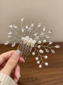 1pc Luxury Shiny Handmade Beaded Pearl Rhinestone Leaf Hair Comb, Silver Metal Hair Comb, Bridal Banquet Back Head Bun Hair Accessory - Multicolor - View 5