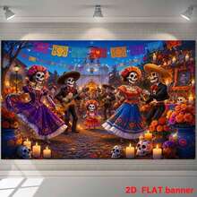 1pc 2D Flat Mexican Day Of The Dead Marigold Background Cloth, Polyester Material, Marigold And Skeleton Dance Design, Suitable For Day Of The Dead Memorial Party, Mexican Theme Event, Halloween Decoration And Party Setup - A - View 5