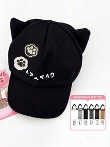 1pc/2pcs Cute Cat Ear Baseball Cap, (Includes Hat Clip) Fashion Curved Brim, Cute Cat Paw Pattern Baseball Cap, Suitable For: Outdoor, Gift, Party, Baseball - Black - View 8