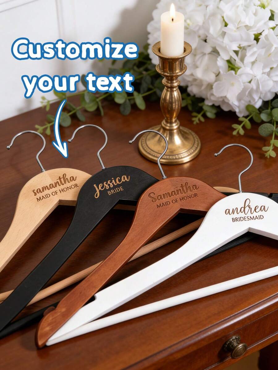 1pc Customized Personalized Engraved Wooden Hanger, Custom Name Text Laser Engraved, Smooth Non-Slip Hanger, Wedding Keepsake Gift For Bride, Bridesmaid, Maid Of Honor, Bridal Gown Display, Bridal Shower Party Favor - Multicolor - View 1