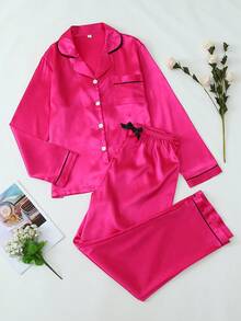 2pcs Satin Solid Color Pajama Set, Sweet & Cute Lapel Button Long Sleeve Top And Pants, Women's Sleepwear And Loungewear Suitable For Home Use - Hot Pink - View 3