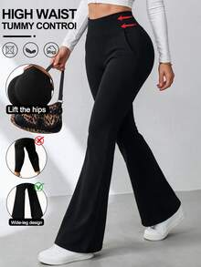 Women's Slimming Sweatpants Tummy Control Butt Lifting Pockets Pants Workout Yoga Gymnastics Outdoor Leggings Flared Tight - Black - View 1