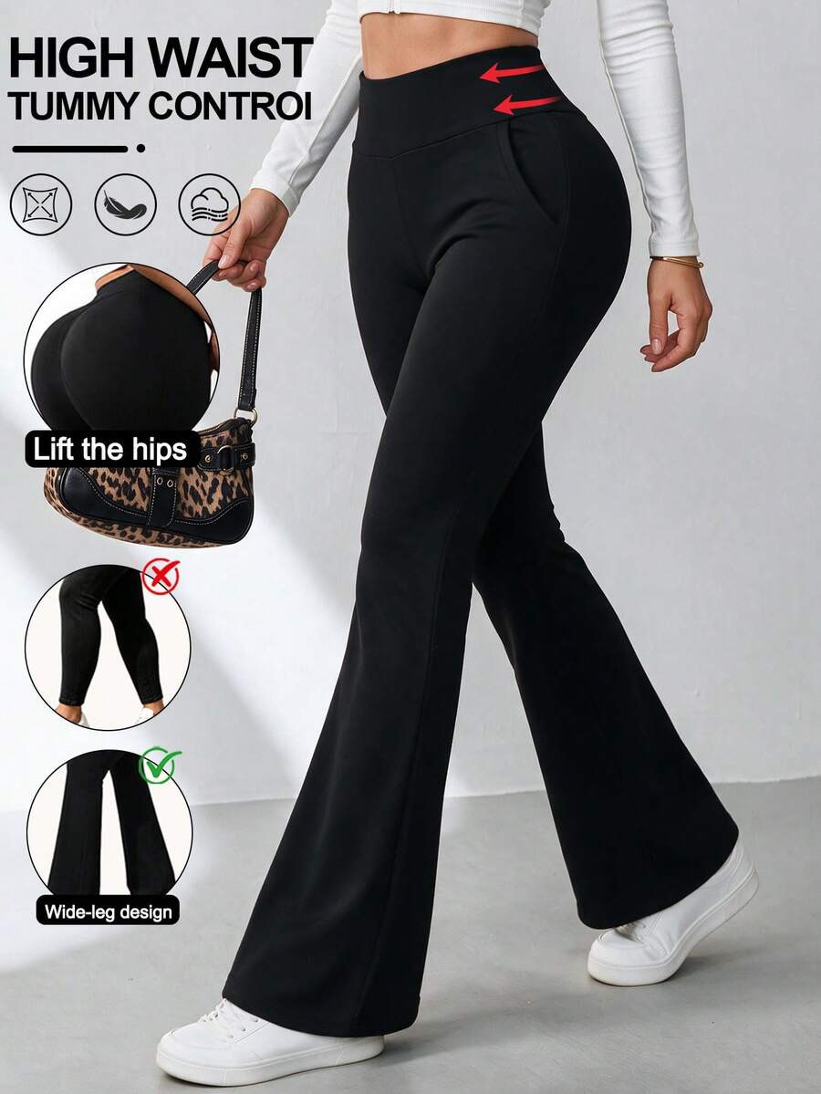 Women's Slimming Sweatpants Tummy Control Butt Lifting Pockets Pants Workout Yoga Gymnastics Outdoor Leggings Flared Tight - Black - View 1