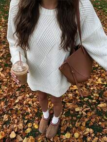 QUNGIGU Women Crew Neck Sweater Loose Comfortable Knit Pullover Casual Tops For Fall Winter Daily Commuting Going Out Dating - White - View 2
