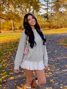 Women's Grey Knit Cardigan, Sweet & Spicy Style, Decorated With Pearl Buttons, Long Sleeve Casual Round Neck Sweater, Suitable For Spring Wear, Ribbed Knit Detail, Regular Length - Grey - View 2