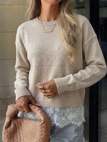 Women's Casual Cute French Elegant Minimalist Contrast Lace Long Sleeves Knit Sweater Top Jumper Fall Winter Going Out Outfits Clothes Date Office - Apricot - View 8