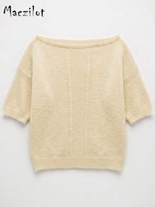 Women's Plus Size Soft Fluffy Cold Shoulder Knit Top, Short Sleeve Textured Sweater, Autumn Office Casual Slim Fit Fashion Outfit - Khaki - View 5
