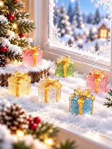 30PCS Christmas Gift Box Ornaments, Colourful Present Box Figurines For Christmas Village, Tabletop, Shelf, Mantel And Festive Home Decor - Clear Gift Box - View 5
