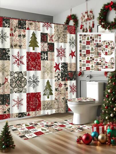 1pc/4pcs Set Perlengkapan Kamar Mandi Tema Natal Motif Kotak-kotak Vintage Pedesaan, Cetakan Tekstur Bertekstur dengan Kontras Warna Merah-Cokelat & Krem, Kain Poliester Spring Spun Kepadatan Tinggi Tahan Air, Tersedia Berbagai Ukuran Lebar 90-200cm, Cetakan Digital Suhu Tinggi Tidak Pudar Tidak Luntur, Desain Bagian Bawah Partikel Anti Selip, Cocok untuk Sebagian Besar Shower & Bak Mandi Standar, Dekorasi Kamar Mandi Liburan Terlaris