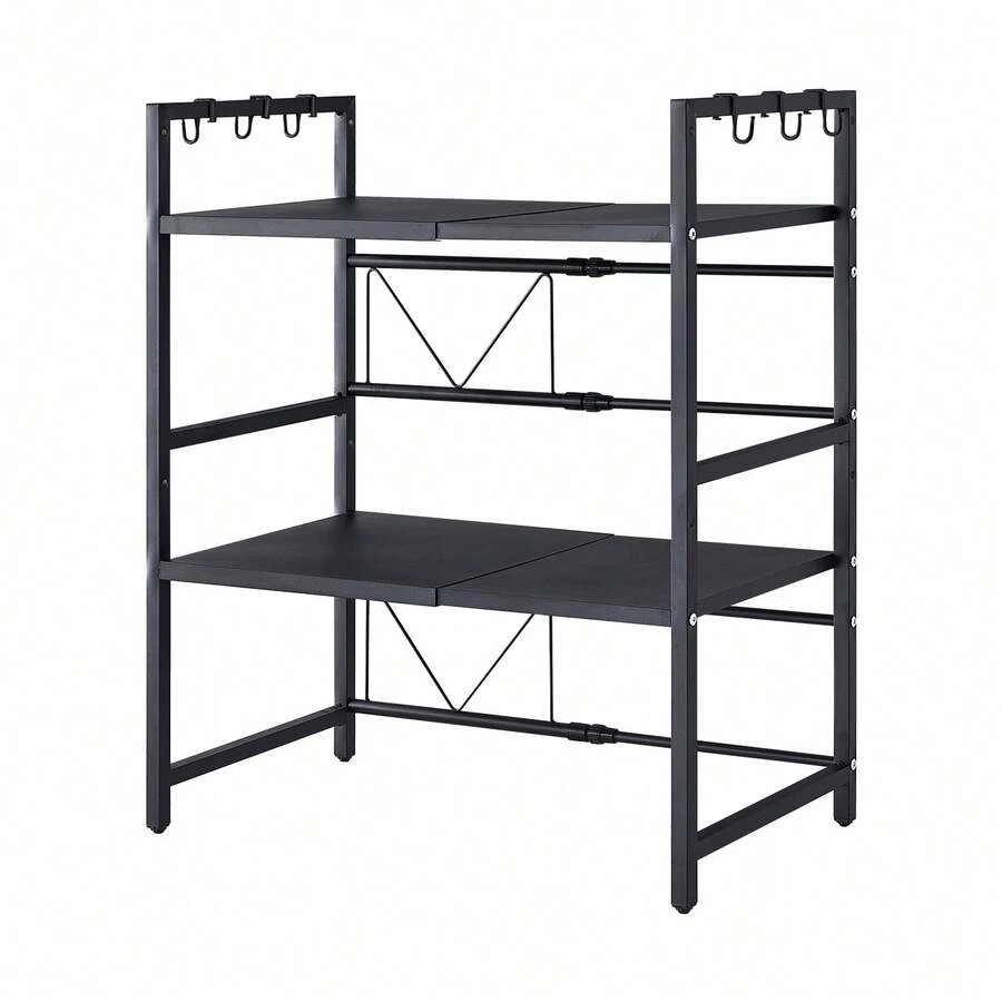 3-Tier Extendable Microwave Oven Rack, Kitchen Countertop Storage Organizer With 6 Hooks, Free Standing Adjustable Spice Rack For Kitchen, Heavy Duty Microwave Stand Baker's Rack Pot & Pan Rack - Black - View 1