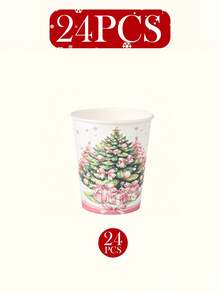 120PCS Christmas Disposable Paper Tableware Set, Includes 7-Inch And 9-Inch Plates, Cups, Napkins And Straws; Featuring Pink And Green Christmas Tree, Gift Box Bow And Decorative Pattern Design, Suitable For Christmas Party, Holiday Dinner, Winter Celebration And Pink-Themed Holiday Table Decor. - Multi-color 1 - View 9