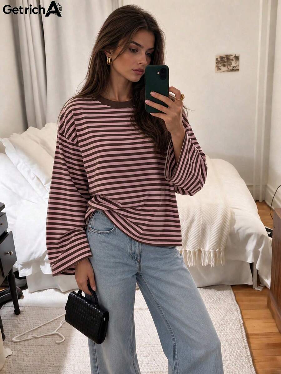 Get Rich A Women's Vacation Top Bohemian Pink & Brown Striped Round Neck Long Sleeve T-Shirt Autumn Casual Top Fall/Winter Retro Color Block Striped Shirt Vacation Casual Elegant Style Casual Daily Top Commute Minimalist T-Shirt Retro Casual Top Minimalist Casual Round Neck T-Shirt