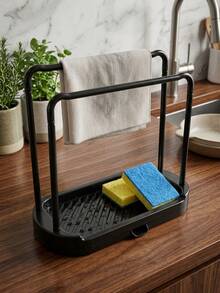 2pcs Kitchen Sink Organizer Rack With Dish Cloth Hanging Bar And Water Tray, Black Sponge Holder For Countertop, Dish Cloth Drying Rack For Kitchen Organization, Plastic Dish Cloth Drying Rack With Drainage Tray, Double Layer Kitchen Sink Organizer And Sponge Rack, Countertop Storage Rack For Dish Cloth And Small Kitchen Storage, Also Suitable For Storage, Outdoor Garden Decoration, Fan Decoration, Room Decoration - Multicolor - View 2