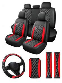 4/8/13pcs Double Stitch Quilted PU Leather Car Seat Covers, Includes Leather Steering Wheel Cover, Armrest Pad And Shoulder Pad, Car Interior Accessories - Multicolor - View 1