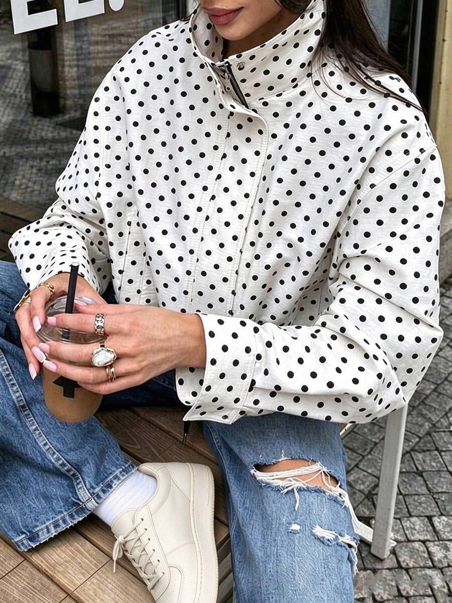 Women's Polka Dot Varsity Jacket With Stand Collar And Pockets, Drawstring Hem Long Sleeve Full Zip Fall Casual Outerwear