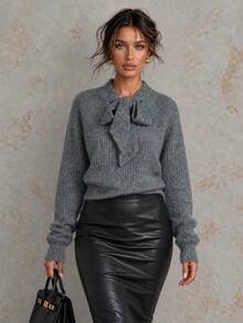 HYJ WEAR French Style Bowknot Ribbed Sweater, Soft Long Sleeve Wool Blend Knit Top, Autumn/Winter, Christmas, Halloween - Dark Grey - View 3