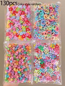 130pcs Girls Colorful Pearl Flower Towel Ring High Elasticity Non-Damaging Daisy Star BB Side Hair Clips Hair Bands For Daily Use - Multicolor - View 8