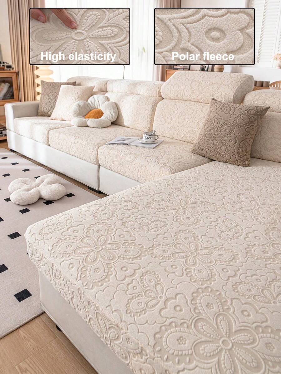 1pc Solid Color Stretch Sofa Cover, Bohemian Style Partial Sofa Slipcover, Sofa Protector & Holiday Decor, Non-Slip & Dirt-Resistant, Suitable For 1/2/3/4 Seater L-Shaped Sofa Armrest & Back Cover - Beige - View 1