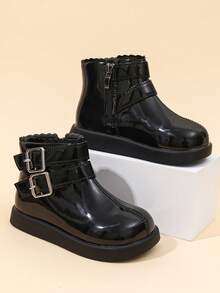 1 Pair Girls' Double Buckle Ankle Boots, Glossy PU, Round Toe, Flat Sole, Non-Slip, Inner Zipper Design, Sweet Cool Retro Princess Style, Short Boots, Suitable For Daily, Holiday, School, Party, Autumn/Winter New - Black - View 6