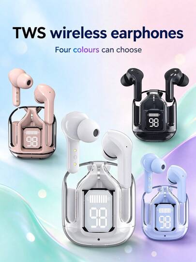 새로운 투명 터치 컨트롤 저지연 TWS 무선 이어버드, 스포츠 사무실 게임용, TYPE-C 충전 포트, 무선 이어버드 5.3 세미 인이어 무선 스포츠 이어버드, 초장시간 배터리 수명 블루투스 이어버드