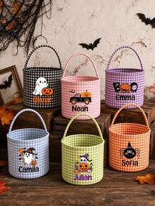 Customized Name Halloween Trick Or Treat Bucket, Orange Plaid Portable Candy Basket, Personalized Text, Halloween Party Gift Candy Bucket - Multicolor - View 6