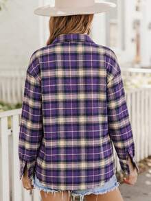 Áo sơ mi flannel tay dài kẻ caro phối màu tương phản có túi, phong cách thường ngày mùa thu - Màu tím - Xem 6