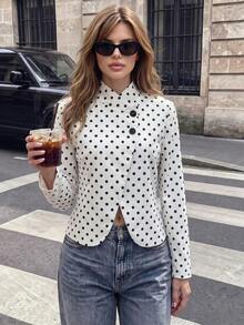 Women's Stand Collar Polka Dot Jacket, Asymmetric Button Long Sleeve Slim Fit Casual Outerwear - White - View 5