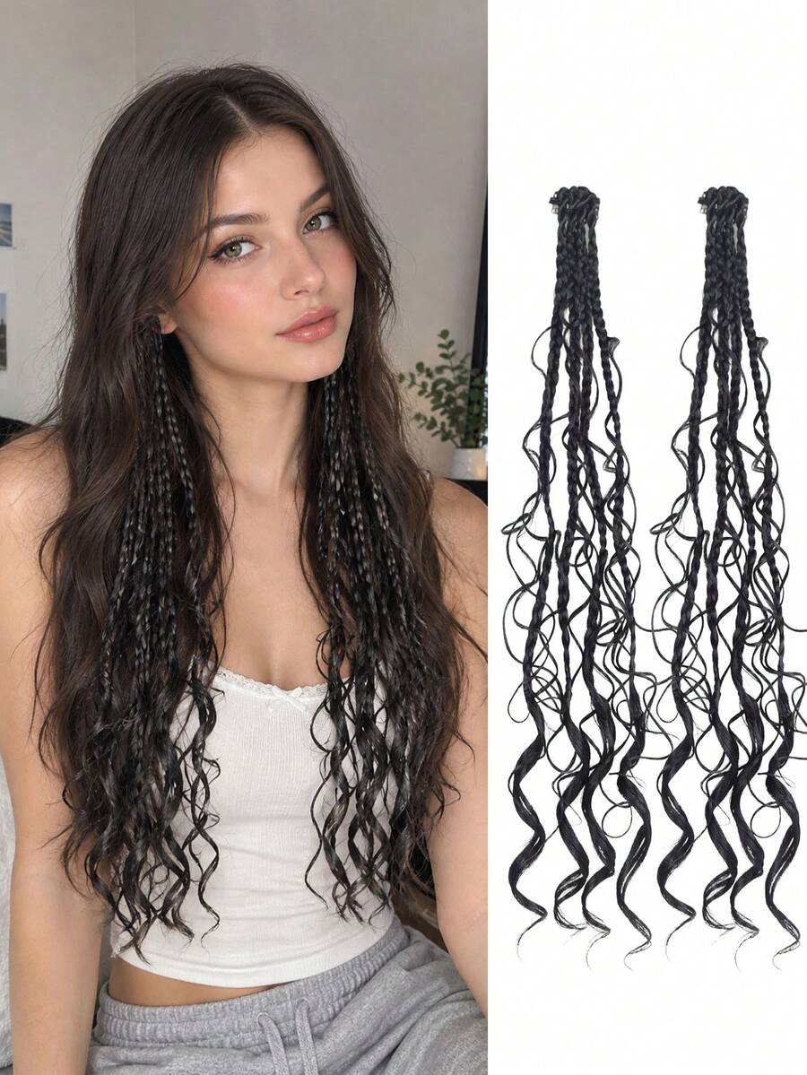 2 Pieces Clip-In Braided Hair Extensions: Bohemian-Style Curly Braid With BB Clips-Perfect For Everyday Wear, Music Festivals, And Party Styling. - Multicolor - View 1