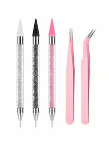 1pc Rhinestone Picker Tool, Dual-Head Dotting Pen And 2 Pairs Of Tweezers (Pink, Pink) - Choose Black Or White, Suitable For Picking Up Rhinestones And Accessories For Nail Art And Rhinestone Decoration - Multicolor - View 1