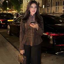ZAHM Vintage Palace Dark Coffee Faux Suede Jacket For Women, Stand Collar Double Breasted Waist Cinch Ruffle Hem French Jacket - Coffee Brown - View 5