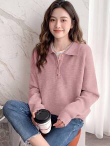 Alicedudu Women's Simple Versatile Fold-Over Collar Half Zip Pullover Sweater, Autumn/Winter - Pink - View 1