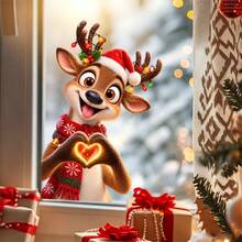 1Pc Cute Reindeer Christmas Window Clings Static Decals Santa Hat String Lights Kids Room Holiday Decor Window Decals - Multicolor - View 9