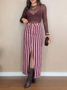 Pink Colorblock Vertical Striped Mid-High Waist Women's Denim Midi Skirt, Front Slit Frayed Hem Vintage Y2K Straight Denim Skirt, Autumn Fashion Outfit - Pink Stripes - View 2