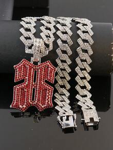 European & American Hip Hop Colorful Full Rhinestone Number 6 Pendant Cuban Chain, Personalized Street Style Rhinestone Men's Necklace, Versatile Accessory - Silver - View 5