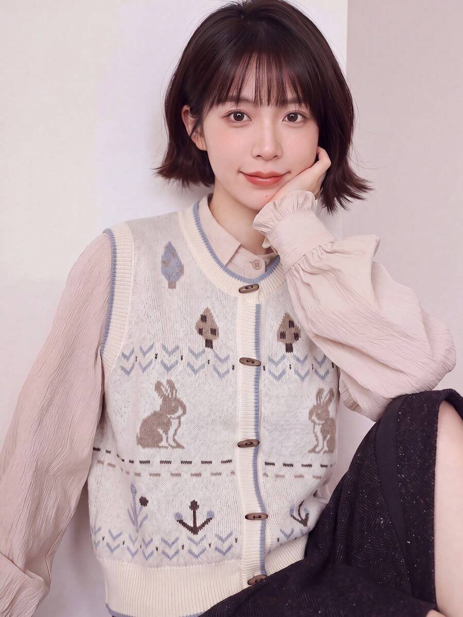 女款休閒復古趣味圖案圓領針織開襟背心上衣,秋冬季 - 米杏色 - 查看 1
