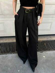 Celana Panjang Model Baru Musim Panas Warna Polos dengan Saku, Lipit, dan Potongan Lebar (Sabuk Tidak Termasuk) - Hitam - View 1