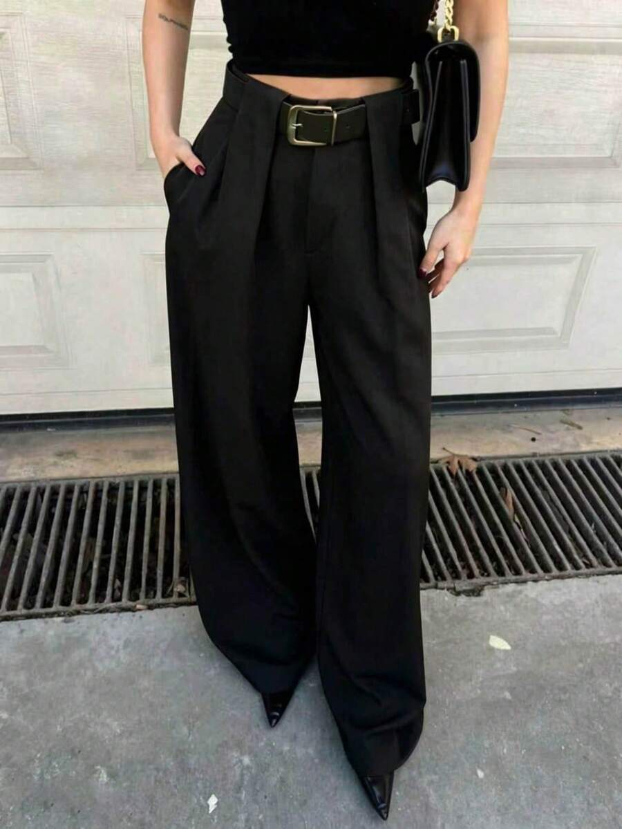 Celana Panjang Model Baru Musim Panas Warna Polos dengan Saku, Lipit, dan Potongan Lebar (Sabuk Tidak Termasuk) - Hitam - View 1
