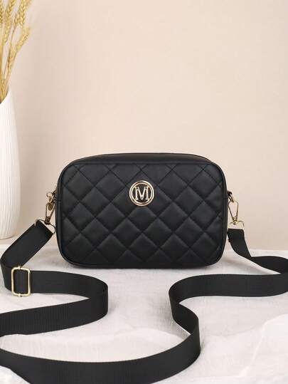 Fashionable Black Quilted Women's Crossbody Bag With Gold M Logo, Adjustable Wide Strap, Casual Daily Shoulder Bag, Lightweight Zipper Clutch