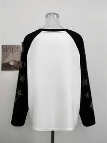 Kaos Lengan Panjang Raglan Kontras Hitam & Putih untuk Wanita, Dekorasi Rhinestone Bintang, Potongan Longgar, Lengan Raglan, Leher Bulat, Atasan Lapisan Dasar Kasual Serbaguna - Penyambungan hitam dan putih - View 7