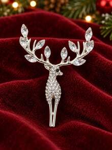 1pc Christmas Reindeer Rhinestone Brooch, Gold/Silver Color Optional, Exquisite Sparkling Rhinestone Deer Horn Design Women's Pin, Suitable For Coats, Suits, Sweaters, Scarves And Bags Decoration, Perfect For Daily Commute, Christmas Party, Winter Outfit And Holiday Gift - Multicolor - View 5