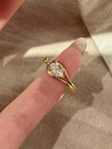 1pc Minimalist Luxury Water Drop Rhinestone Open Adjustable Ring, Suitable For Women's Daily Wear And Banquet - Yellow Gold - View 5