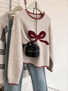 Autumn/Winter Cute Bow Pattern Short Knitted Sweater, Contrast Stitching Round Neck Drop Shoulder Loose Pullover - Apricot - View 1