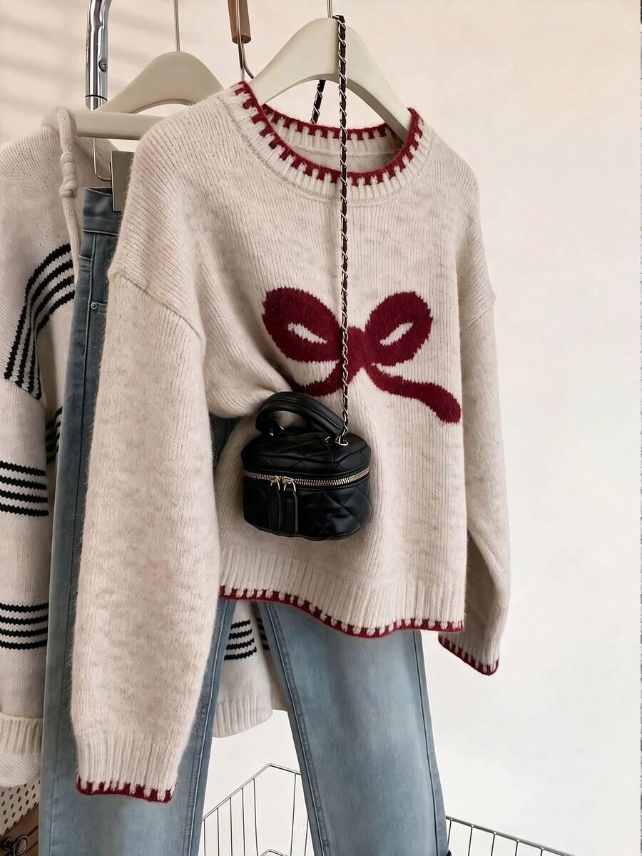 Autumn/Winter Cute Bow Pattern Short Knitted Sweater, Contrast Stitching Round Neck Drop Shoulder Loose Pullover - Apricot - View 1